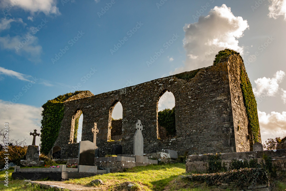 Cemetery and ruins of a Gothic Protestant church built in 1778 on top of a hill in Ennistimon, County Clare, Ireland.