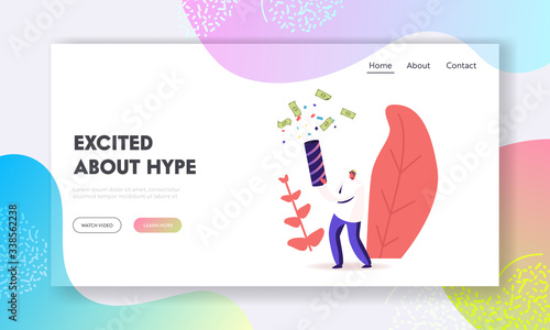 Hype, Viral Info in Social Network Landing Page Template. Trends in Advertising, News. Male Character Shoot with Slapstick Confetti and Money Bills Flying Out of Flapper. Cartoon Vector Illustration