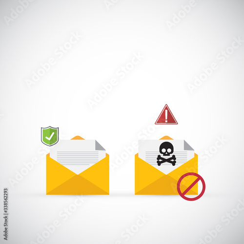 Email / envelope with black document and skull icon. Virus, malware, email fraud, e-mail spam, phishing scam, hacker attack concept. Vector illustration