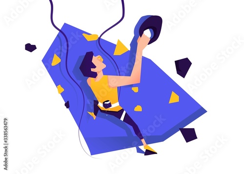 Climbing training wall with grips and holds. man climbing drawing. Stylized climbing wall isolated on a white background. Sports bouldering. Graphic Design Climb Editable. Vector illustration
