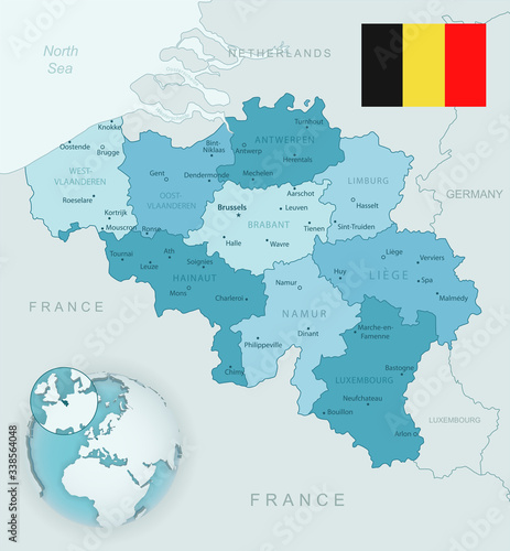 Blue-green detailed map of Belgium and administrative divisions with country flag and location on the globe.