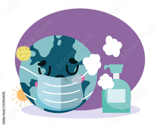 world with medical mask and hands gel, covid 19 coronavirus pandemic prevention