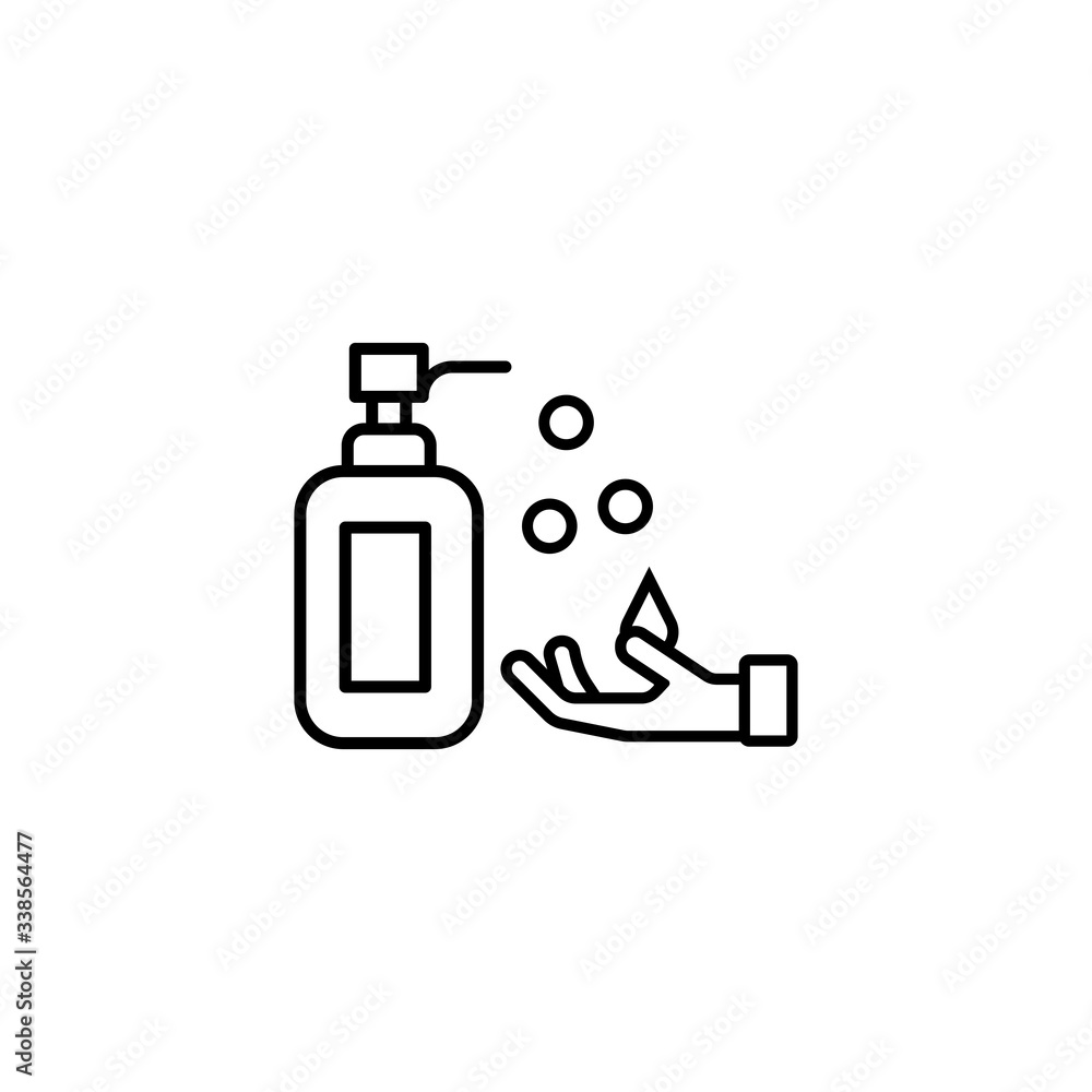 Hand washing icon. Soap icon. Hygiene symbol on white isolated background. Disinfection. Hand sanitizer bottle symbol, washing gel sign.