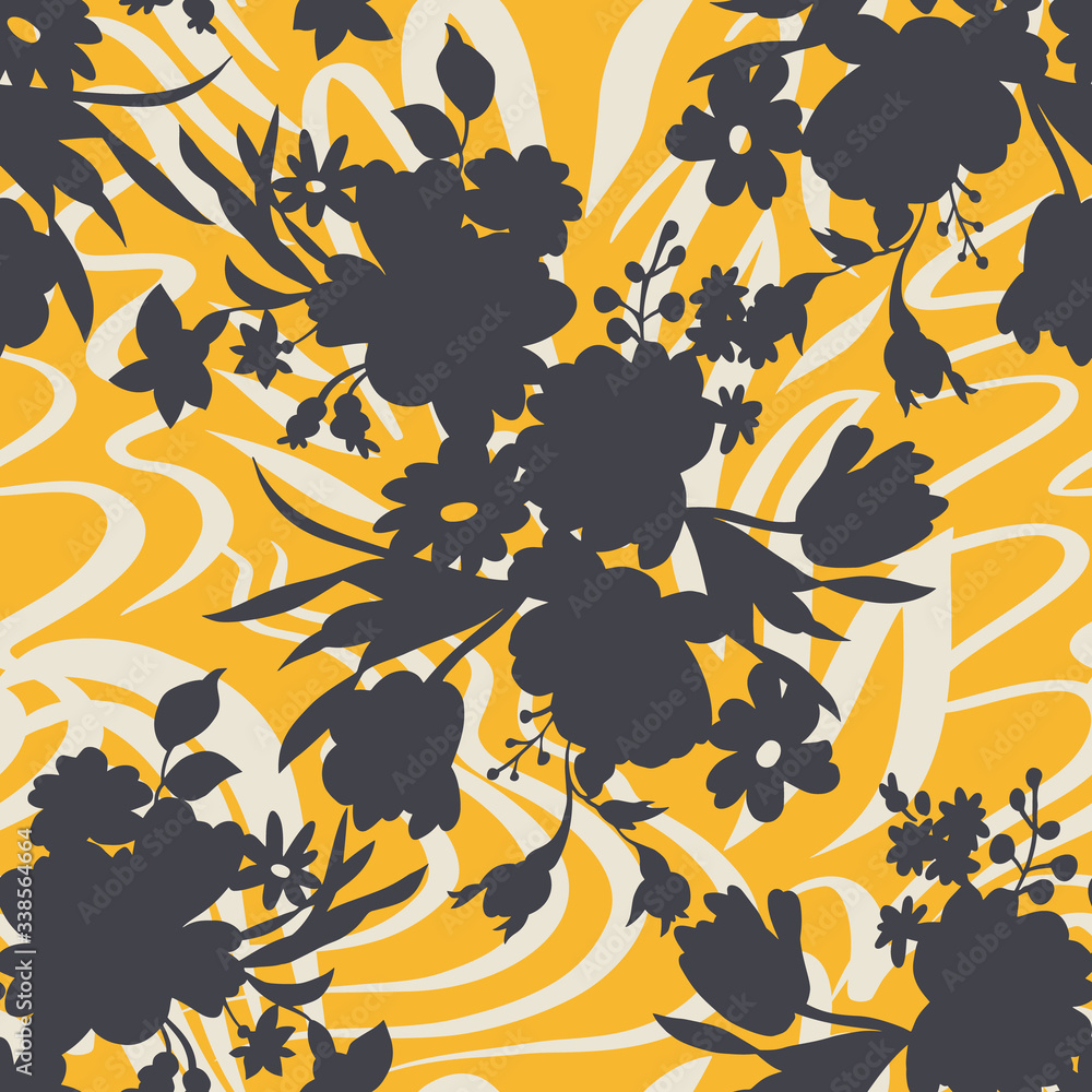 Naklejka premium Mixed geometrical texture with flowers silhouettes. Florals combined with abstract simple elements wavy lines, stripes ornament. Botanical seamless pattern for textile and fabric.