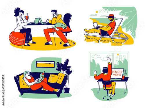 Freelance Self-employed Occupation Concept. Relaxed Men and Women Freelancers Characters Working Distant on Laptop and Pc from Home or Resort Beach, Remote Workplace. Linear Vector People Illustration