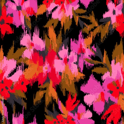 Blurry flowers bouquet seamless pattern. Summer garden mixture ornament with large flower heads. Watery florals and embroidery textured surface. Blurring premium design for textile, fabric and fashion