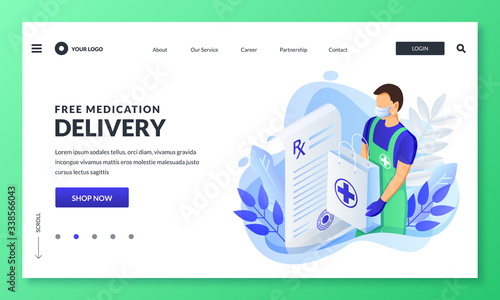 Pharmacy home delivery service. Courier in mask and gloves carry drugstore package. Vector 3d isometric illustration