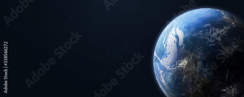 Earth planet in dark outer space on background. Wide high resolution sci-fi wallpaper. Elements of this image furnished by NASA photo