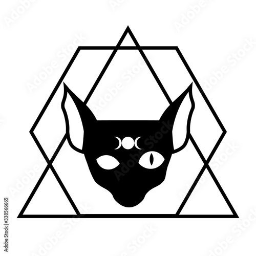 Silhouette of black sphynx cat with moon phases symbol on its forehead