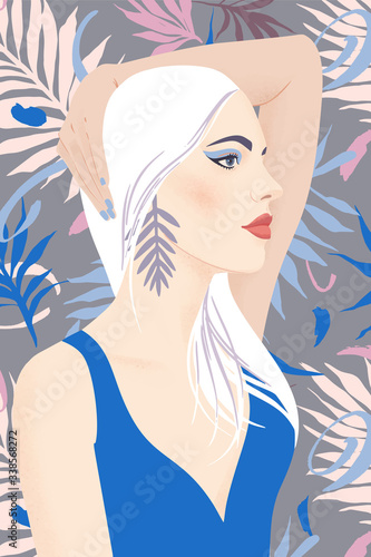 Portrait of a girl with blond long hair and large earrings. Pretty woman with bright makeup on a summer tropical background. Flat vector illustration. Fashion model pose, beauty look.