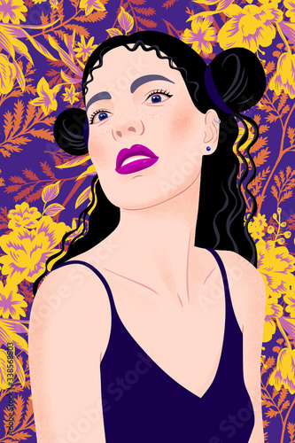 Portrait of a woman with hairstyle and tank top. Young beautiful woman with makeup, red lips, long black hair on summer floral background. Posing. Holiday trendy flat vector illustration.