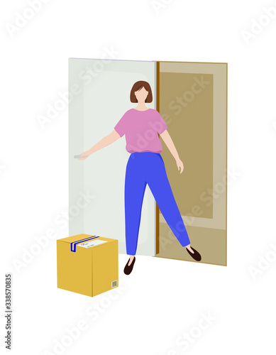 Vector illustration of contactless delivery, a girl (woman) opens the door, a box on the floor. The parcel was delivered home without personal contact with the courier.