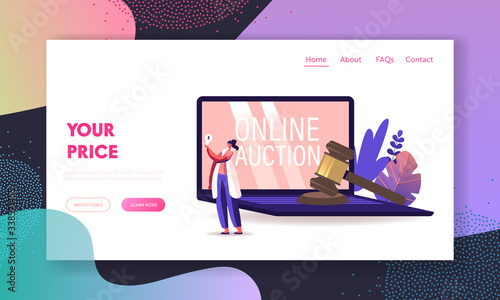 Woman Buying Assets in Internet Using Online Platform Landing Page Template. Female Character Holding Bid Plate at Huge Laptop with Online Auction Inscription on Screen. Cartoon Vector Illustration