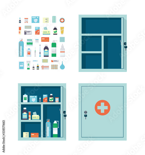 Medicine chest full of drugs, pills and bottles. Empty metal open and closed medical cabinet. Medications that can be put in the first aid kit. Vector illustration in flat style on white background