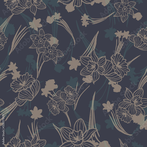 Vector seamless pattern of hand drawn daffodils with greenish beige motifs on dark navy blue background. Perfect for fabric, wallpapers, wedding design, packaging, scrapbooking, background.