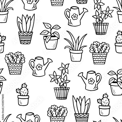 Seamless pattern with indoor plants, coloring page