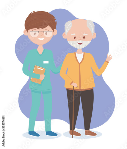 grandpa and nurse male staff, doctors and elderly people