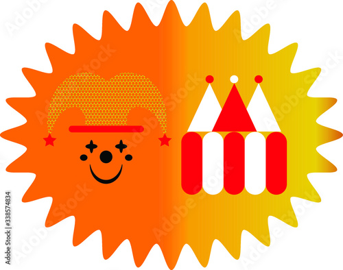 Happy Circus day. Tent and clown with smile face. Vector colorful logo.