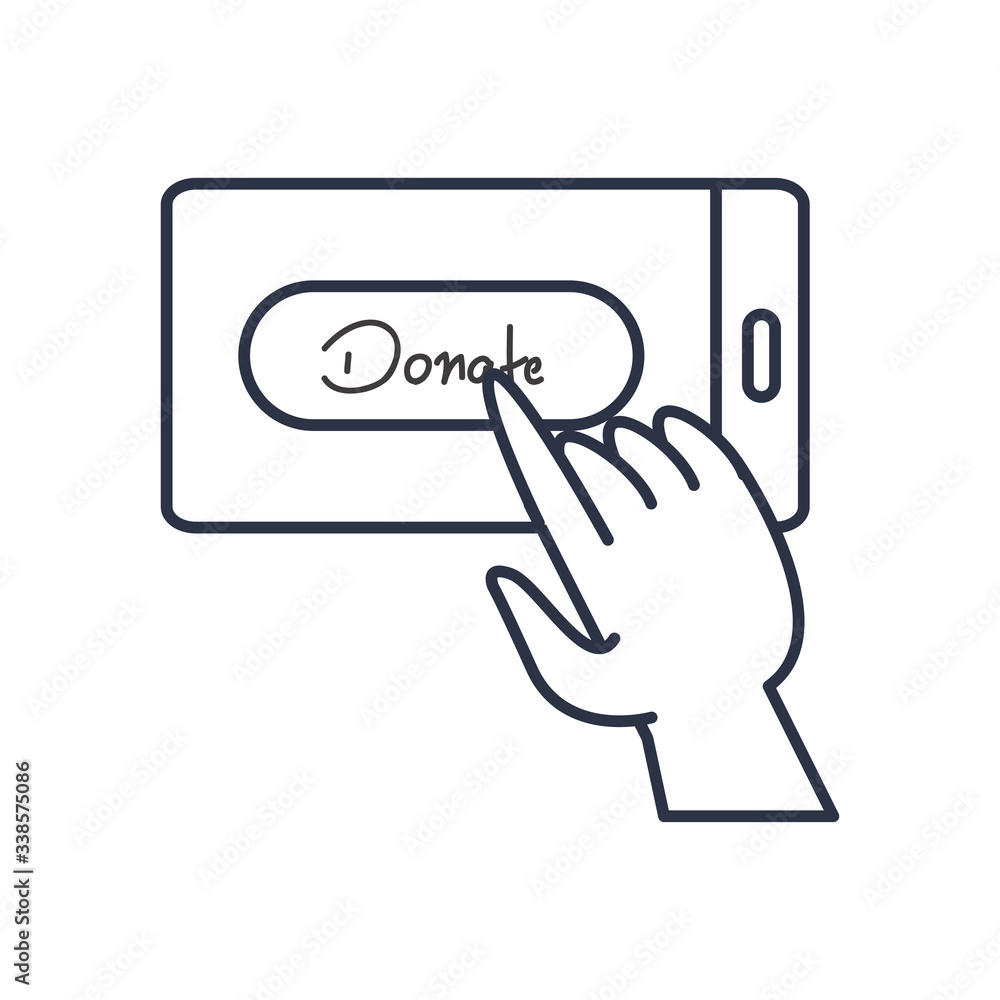 charity donations concept, smartphone with donate button and hand icon, line style charity donations concept, smartphone with donate button and hand icon, line style