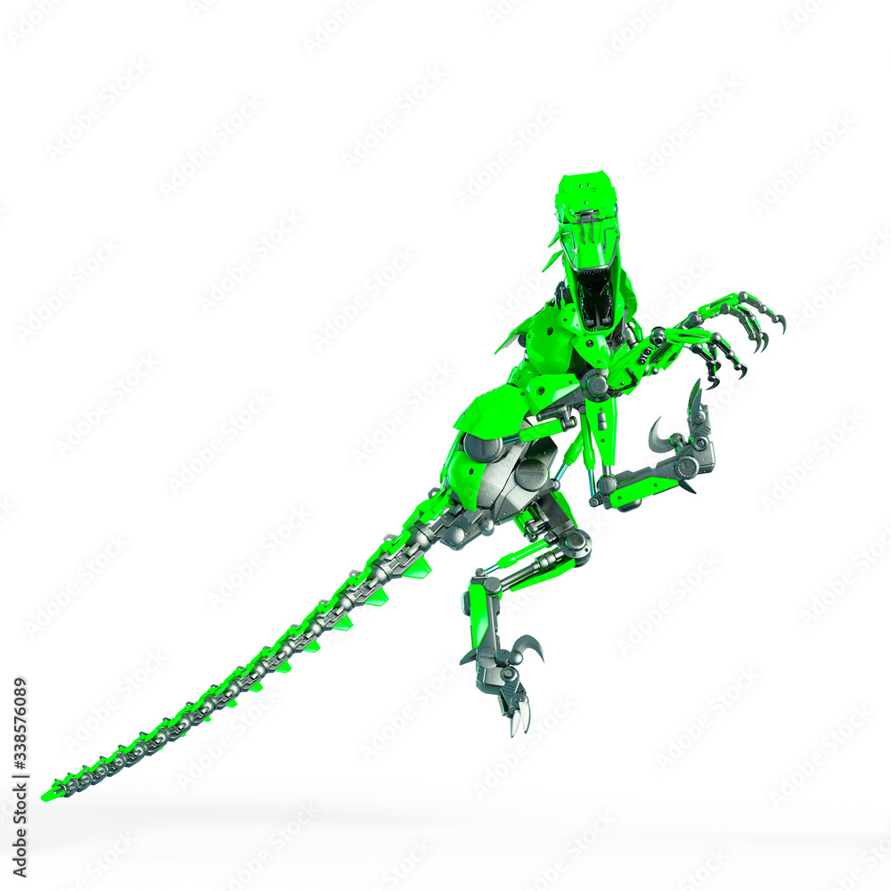 dino raptor robot is jumping on side view dino raptor robot is jumping on side view