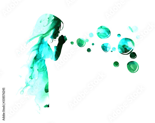 Silhouette of a girl blowing soap bubbles. mixed media. Blot abstraction. Vector illustration