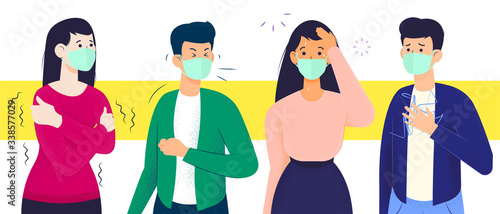 Coronavirus symptoms flat illustration concept. People with influenza flu disease. Covid-19 fever, chills, cough, shortness of breath, headache & sore throat.