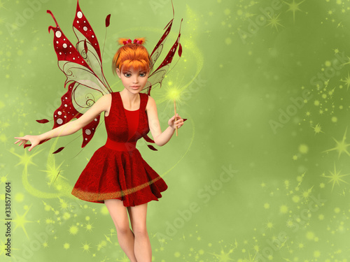 Fairy with red wings and magic wand in hand flying, surrounded with magical dust. 3D rendering.