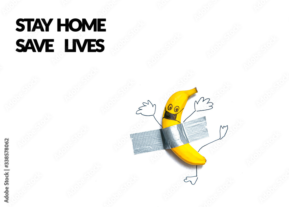 Banana in a painted protective mask glued with tape.
Concept: being at home, taking care of life. With an epidemic of coronavirus, stay home.
Caption: stay home