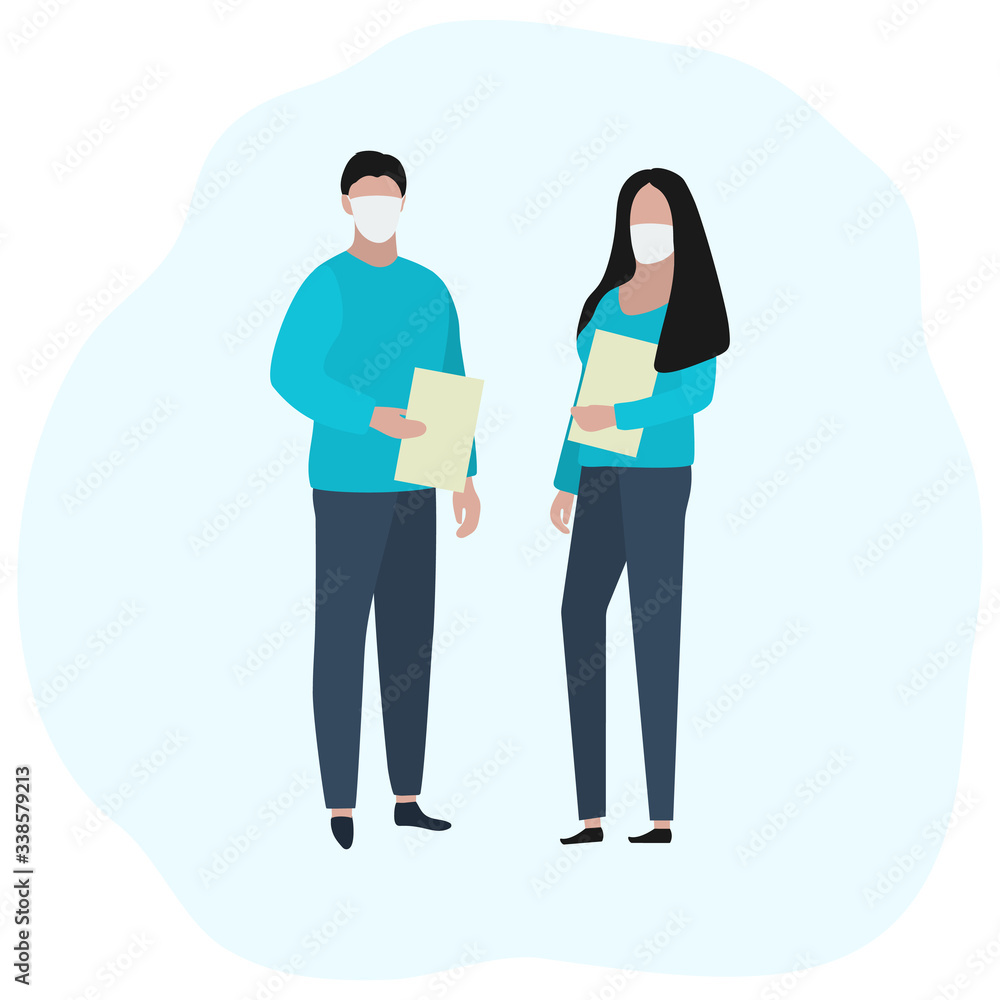 Fototapeta premium Man and woman with documents in medical masks. Fashion trendy illustration, flat design. Pandemic and epidemic of coronavirus in the world