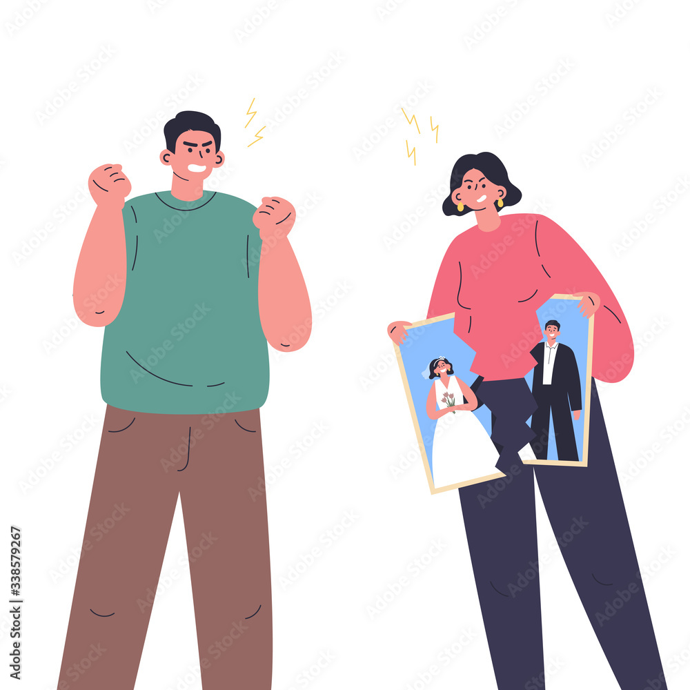 Conflict between woman and man.Quarrel of young male and female.Relationship crisis.Angry couple wants to divorce.Flat cartoon characters isolated on white background.Colorful vector illustration.