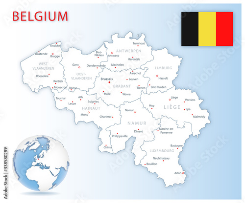Detailed Belgium administrative map with country flag and location on a blue globe.