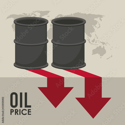 oil price infographic with barrels and earth planet