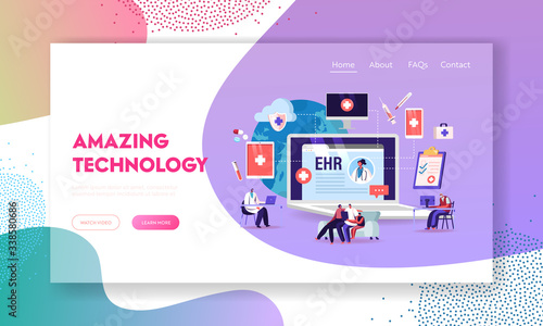 EHR, Electronic Health Record Landing Page Template. Patient Character Insert Medical Data in Tablet. Doctor Use Digital Smart Device to Read Report Online. Cartoon People Vector Vector Illustration