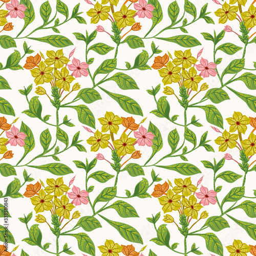 Vintage seamless pattern with yellow plumbago flowers. Vector luxury background
