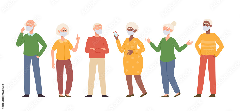 Vector illustration with standing old people in medical face mask Vector illustration with standing old people in medical face mask