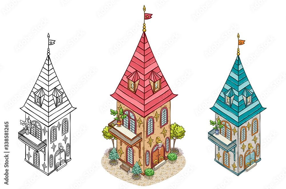 Isometry hand drawn building. Colored houses set. Living cottage