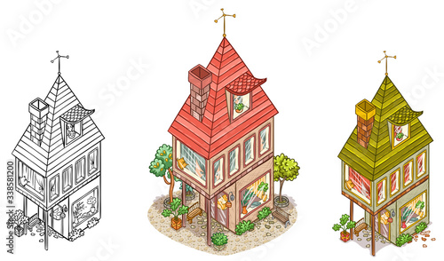 Isometry hand drawn building. Colored houses set. Living cottage