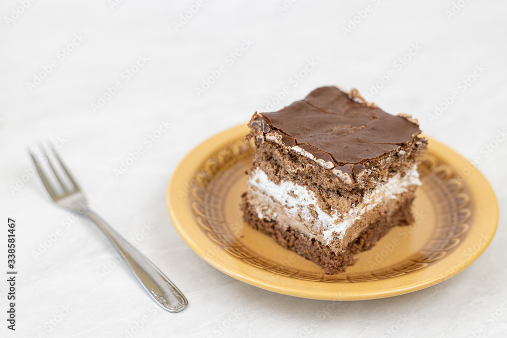 Served chocolate cake on the plate with copy space Served chocolate cake on the plate with copy space