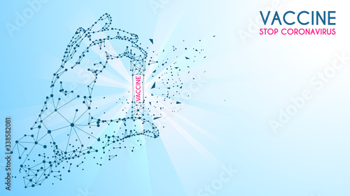 Low poly vector image on a light blue plexus background. Coronavirus pandemic. Vaccine from Covid-19. Abstract human hand holds a test tube with a cure for the disease. Place for your text.