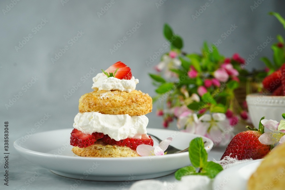Homemade Strawberry shortcake with stuffed cream topping, selective focus Homemade Strawberry shortcake with stuffed cream topping, selective focus