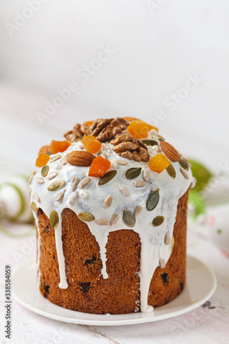 Traditional ukrainian and russian Easter dessert. Orthodox paskha, kulich cakes on table photo