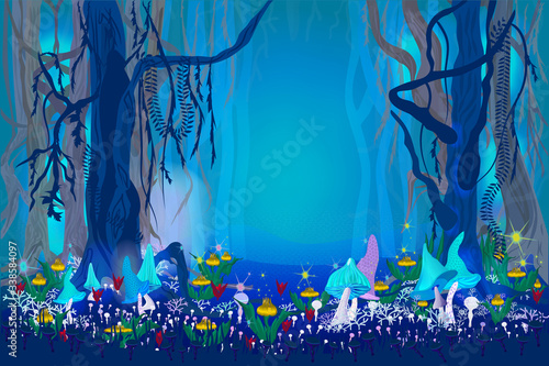 Fantastic mysterious forest. Magic mushrooms and magic flowers and lights. Fairy-tale background. Video Game's Digital CG Artwork, Concept Illustration, Realistic Cartoon Style.