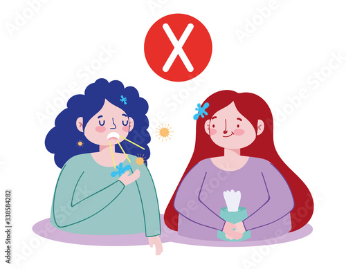 woman coughs without covering the mouth and girl with dry wipes, covid 19 coronavirus pandemic prevention