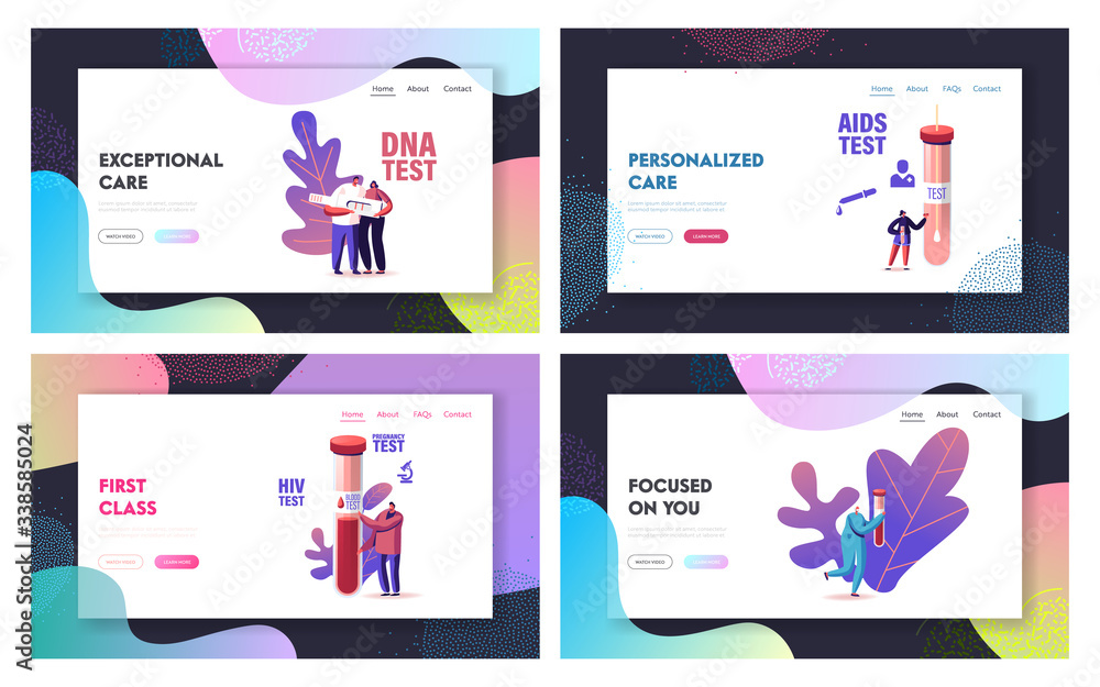 Express Blood Test Landing Page Template Set. Tiny Male and Female Characters at Huge Glass Flasks. People Giving Lifeblood for Detection of Pregnancy and Diseases. Cartoon Vector Illustration