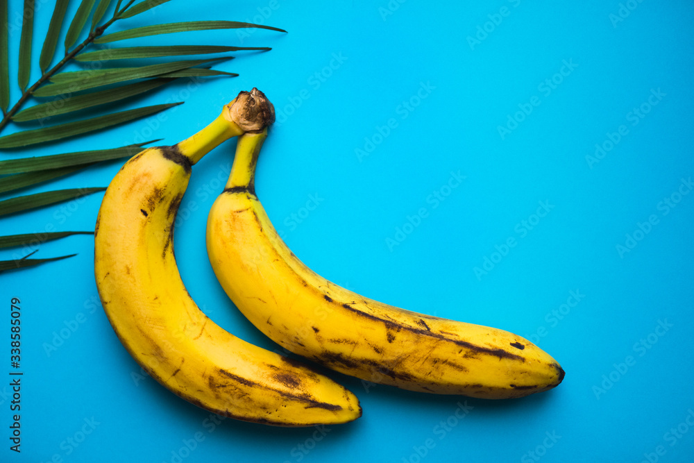 yellow ripe bananas a bunch of bananas on a bright blue background yellow ripe bananas a bunch of bananas on a bright blue background