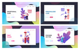 Express Blood Test Landing Page Template Set. Tiny Male and Female Characters at Huge Glass Flasks. People Giving Lifeblood for Detection of Pregnancy and Diseases. Cartoon Vector Illustration