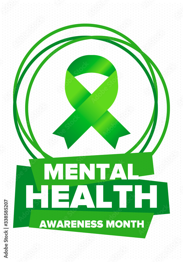 Mental Health Awareness Month in May. Annual campaign in United States. Raising awareness of mental health. Control and protection. Prevention campaign. Medical health care design. Vector illustration Mental Health Awareness Month in May. Annual campaign in United States. Raising awareness of mental health. Control and protection. Prevention campaign. Medical health care design. Vector illustration