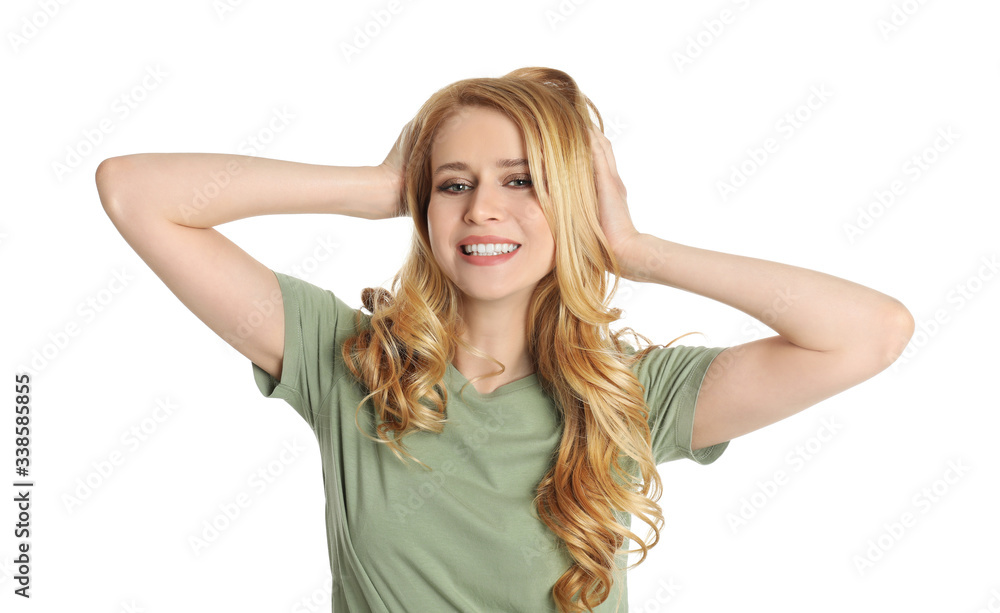 Portrait of beautiful young woman with dyed long hair on white background Portrait of beautiful young woman with dyed long hair on white background