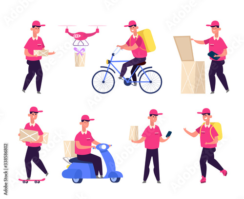 Food delivery man service. Courier boy on a scooter. Postman on bike, male character with box. Different Delivery Service Workers. Postal guys vector set