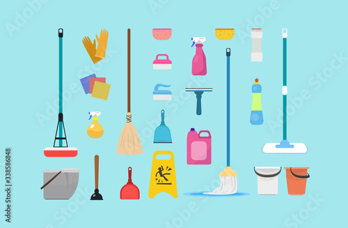 Cleaning and disinfection tools and products. Clean floor, vector sanitary and hygiene products, broom and mop, bucket and gloves household tool elements bottle and boxes pack. vector illustration